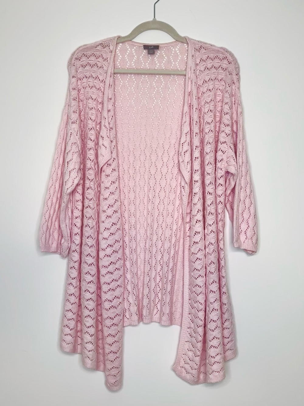 J Jill Crochet Knit Linen Cotton Drape Cardigan Blush Pink Old Money L Petite